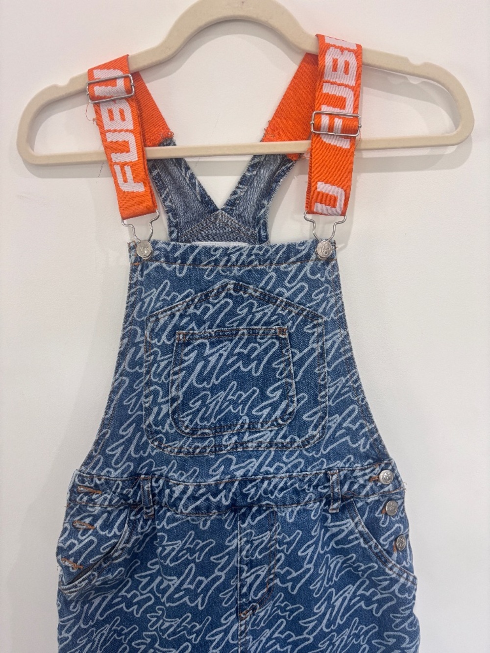 Forever 21 x FUBU Denim Overalls Small Blue Logo Print Orange Straps Vintage Ins